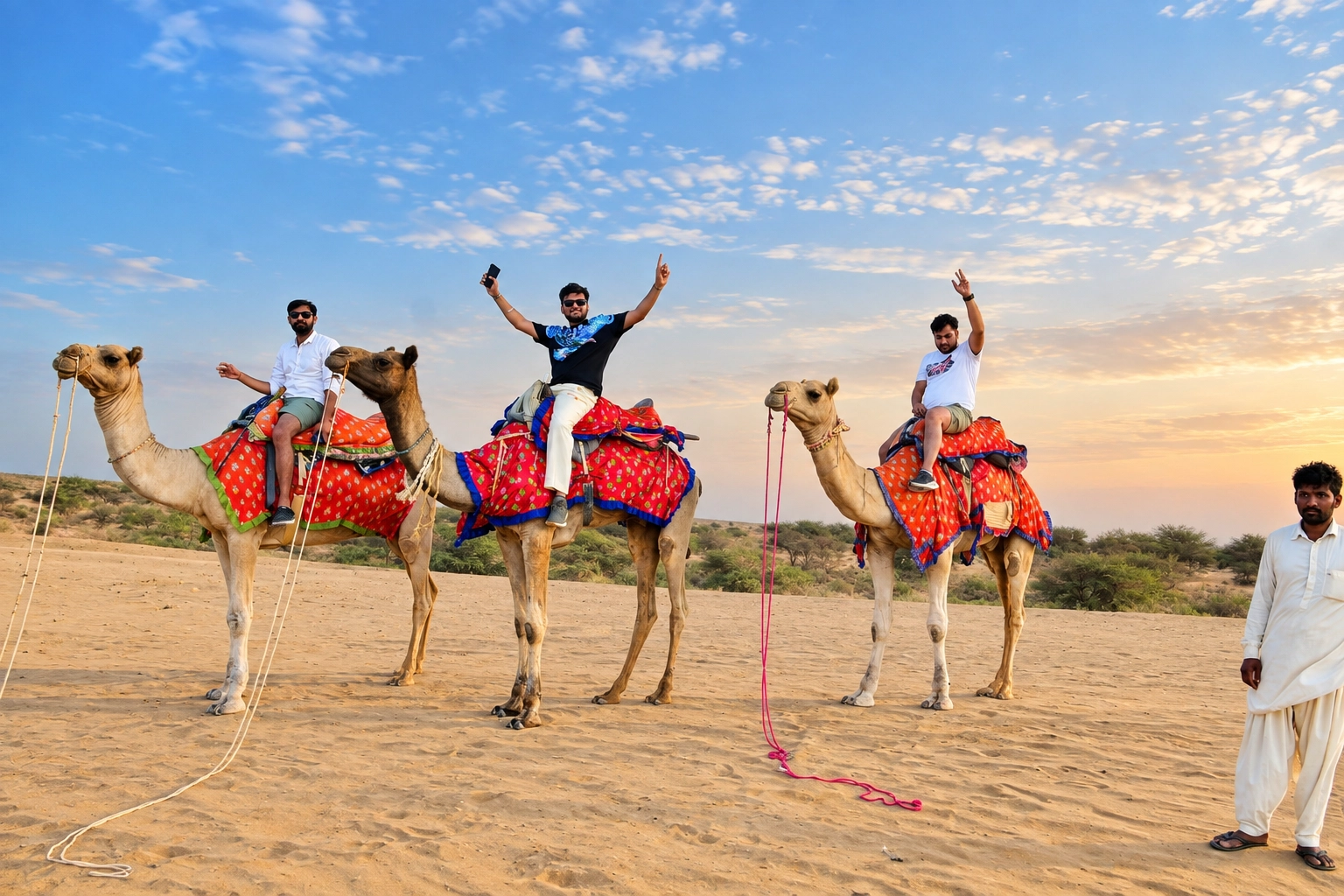 Travelers on decorated camels with their handler at sunset